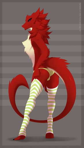 anthro biped bulge butt clothed clothing crossdressing digital_media_(artwork) full-length_portrait fur girly hi_res leg_warmers legwear looking_at_viewer looking_back male multicolored_body multicolored_fur panties pattern_clothing pattern_legwear portrait raptoral_(character) re-sublimity-kun rear_view red_body red_fur sergal simple_background smile solo standing striped_clothing striped_legwear stripes tan_body tan_fur topless two_tone_body two_tone_fur underwear // 731x1280 // 86.8KB