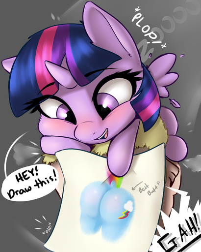2016 4:5 absurd_res blush butt dialogue dock drawing english_text equid equine feathered_wings feathers female feral friendship_is_magic fur hasbro hi_res horn horse human male mammal my_little_pony pudgeruffian purple_body purple_eyes purple_fur rainbow_dash_(mlp) simple_background solo speech_bubble text twilight_sparkle_(mlp) winged_unicorn wings // 2400x3000 // 3.6MB