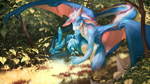 16:9 anthro day detailed_background dragon english_text forest fur furred_dragon grass hair male membrane_(anatomy) membranous_wings outside plant smile solo text tree widescreen wings zephra // 1280x720 // 1.5MB
