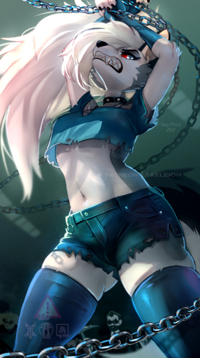 2021 anthro breasts canid canid_demon chain clothed clothing demon digital_media_(artwork) eyebrows eyelashes female hair hellhound helluva_boss loona_(vivzmind) mammal midriff navel skeleion solo standing teeth white_hair // 558x1000 // 740.5KB