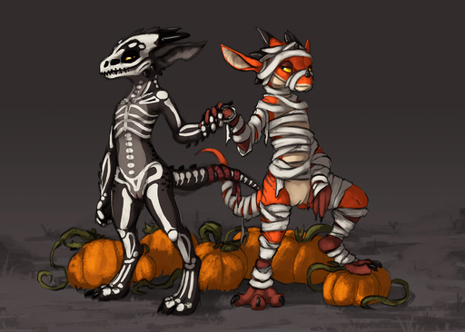 2019 anthro bodypaint citrus_(character) clothing costume duo female flamespitter flat_chested food fruit genitals holidays keani kobold looking_at_viewer plant presenting pumpkin pussy scalie // 1500x1071 // 715.0KB