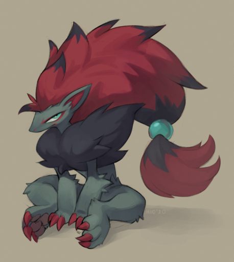 2020 accessory ambiguous_gender anthro black_hair brown_background claws finger_claws fur green_eyes grey_body grey_fur grumpy hair hair_accessory hioshiru inner_ear_fluff long_hair looking_at_viewer pawpads pink_pawpads pokemon_(species) red_body red_claws red_fur red_hair shaded simple_background sitting solo toe_claws tuft video_games zoroark // 1035x1158 // 1.1MB