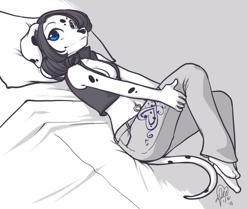 2011 anthro barefoot biped blue_eyes breasts canid canine canis cleavage clothed clothing dalmatian digital_media_(artwork) domestic_dog feet female kittydee lying mammal midriff piercing solo toes // 833x703 // 214KB