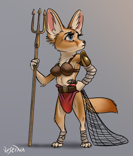 ancient ancient_rome anthro armor barefoot belt blue_eyes bottomwear bra breasts canid canine chibi clothing feet female fennec foot_wraps fox gladiator gladiatrix holding_net inner_ear_fluff loincloth mammal melee_weapon midriff neck_tuft net orange_body pauldron polearm retiarius roman roman_empire shoulder_pads solo spqr throw_net trident tuft underwear vestina vulpes warrior weapon wrappings wraps // 900x1059 // 290.2KB