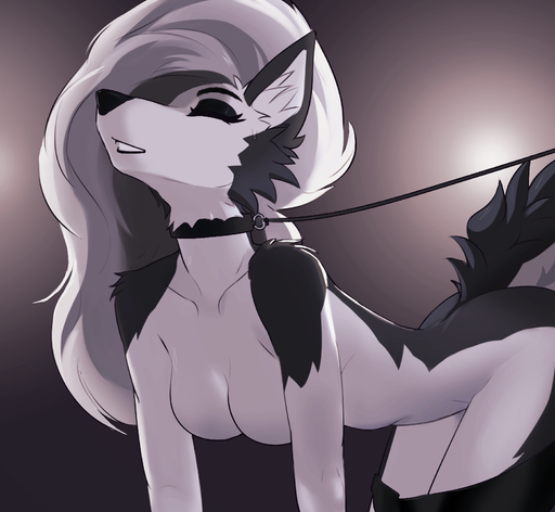 2022 anthro breasts canid canid_demon collar demon eyes_closed female hair hellhound hi_res inner_ear_fluff jesterwing leash leashed_female long_hair loona_(helluva_boss) mammal simple_background tuft // 1626x1500 // 907.4KB