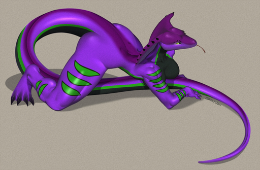 2011 3d_(artwork) anthro biped black_body black_scales breasts claws cobra digital_media_(artwork) female forked_tongue green_body green_eyes green_scales kneeling long_tongue markings muscular muscular_anthro muscular_female non-mammal_breasts purple_body purple_scales purple_skin raeal_(character) reptile scales scalie snake snake_hood solo spearfrost tongue tongue_out // 1000x655 // 692.9KB
