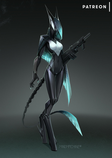 anthro breasts canid canine canis claws clothing dark_body female genitals hi_res jackal jacktor long_tail machine mammal mechanical_leg mindmachine pussy robot simple_background solo standing synth-crador veil_(mindmachine) weapon // 905x1280 // 144.7KB