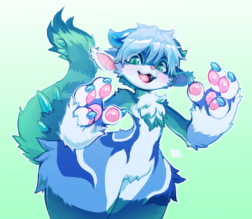 ambiguous_gender anthro blue_body blue_eyes blue_fur blue_hair chest_tuft claws domestic_cat ear_tuft fangs felid feline felis fur gradient_background green_background green_eyes hair hi_res horn hybrid kemono looking_at_viewer mammal open_mouth pawpads paws portrait rufen seel_kaiser short_hair simple_background smile solo standing thick_thighs three-quarter_portrait tongue tuft // 1500x1303 // 865.8KB