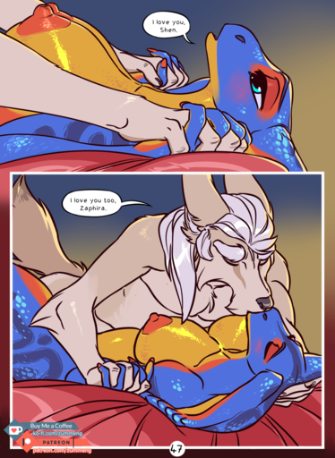 2019 ambiguous_penetration anthro bed big_breasts blue_eyes blush breasts canid canine comic dialogue digital_media_(artwork) duo english_text eyes_closed female female_penetrated fennec fox from_front_position fur furniture hair hand_holding hi_res kissing lying male malefemale male_penetrating male_penetrating_female mammal missionary_position nipples non-mammal_breasts nude on_back penetration reptile scalie sex shen_(zummeng) snake speech_bubble tasteful text url vulpes zaphira_(zummeng) zummeng // 1169x1600 // 906.1KB
