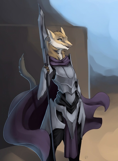 anthro armor biped brown_body brown_fur clothed clothing female fur hi_res open_mouth outside sergal soldier solo standing warrior weapon zerolativity // 940x1280 // 118.6KB