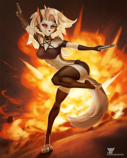 2022 anthro canid canid_demon canine clothed clothing collar demon digital_media_(artwork) explosion eyebrows female fingers gun hacatiko hair hellhound hi_res holding_gun holding_object holding_weapon legwear loona_(helluva_boss) mammal navel piercing ranged_weapon red_sclera shoulder_tuft solo spiked_collar spikes tuft weapon // 1120x1400 // 467.9KB
