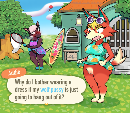 anthro audie_(animal_crossing) being_watched blush bottomless bottomwear bug_net building canid canine canis casual_nudity clothed clothing clothing_lift dress duo english_text equid equine eyewear eyewear_on_head female gift hi_res horse house ineffective_bottomwear ineffective_clothing looking_at_another mammal meme outside plant reneigh_(animal_crossing) skirt skirt_lift sunglasses sunglasses_on_head surfboard text tinydevilhorns tree video_games wolf // 2330x2034 // 2.3MB