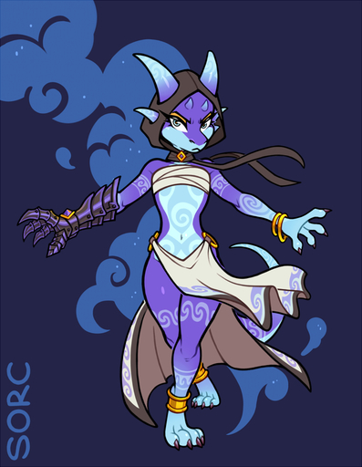 4_fingers bandeau blue_body clothed clothing female fingers flat_chested hood humanoid kobold looking_at_viewer markings midriff navel simple_background solo sorc standing topwear // 698x900 // 309.6KB