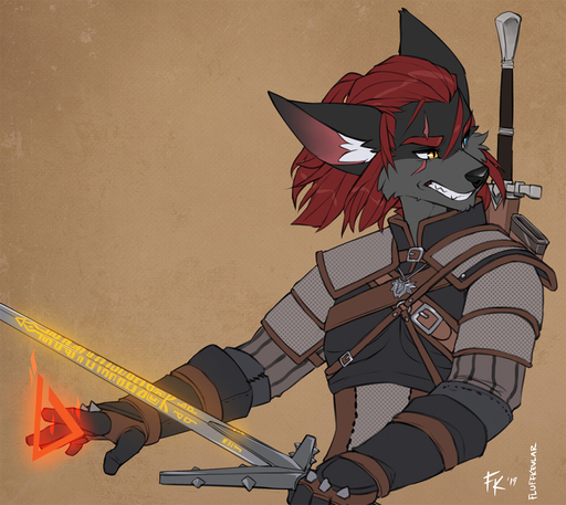 5_fingers anthro black_body black_fur black_nose canid canine eyebrows eyelashes fingers fluff-kevlar fur geralt_of_rivia hair heterochromia holding_object holding_sword holding_weapon male mammal melee_weapon nytro red_hair solo sword teeth the_witcher weapon // 1175x1049 // 404.9KB