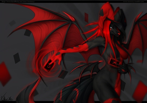 anthro big_tail black_body black_fur black_hair breasts canid canine card clothing female fool's_hat fur grey_eyes hair hat headgear headwear looking_at_viewer mammal markings membrane_(anatomy) membranous_wings nude red_body red_fur red_hair simple_background solo vexstacy wings // 1280x896 // 132.1KB