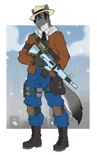 anthro canid canine canis clothed clothing faint fur gun hair hat headgear headwear male mammal outside ranged_weapon rifle snow solo standing weapon wolf // 689x1100 // 329.7KB
