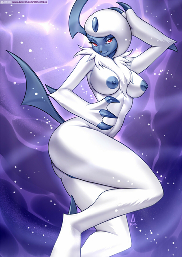 2016 absol alanscampos anthro blue_claws blue_horn blue_nipples breasts butt chest_tuft claws female fur hair half-closed_eyes horn looking_at_viewer narrowed_eyes navel neck_tuft nipples nude pokemon_(species) pokemorph pose raised_tail red_eyes solo text tuft url video_games white_body white_fur // 777x1100 // 387.6KB