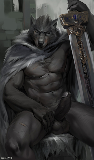 2022 anthro balls black_claws blaidd_(elden_ring) bleak_ambiance canid canine canis chunie claws digital_media_(artwork) erection fangs foreskin fur genitals grey_body grey_fur hi_res holding_object holding_weapon looking_at_viewer male mammal melee_weapon muscular muscular_male nipples nude penis pubes retracted_foreskin scar sitting solo sword weapon wolf // 756x1280 // 343.9KB