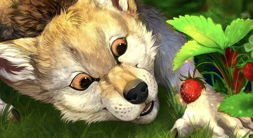 2020 araivis-edelveys black_nose brown_eyes canid canine canis day detailed_background digital_media_(artwork) food fruit grass male mammal open_mouth outside plant semi-anthro strawberry teeth tongue wolf // 837x458 // 110.7KB