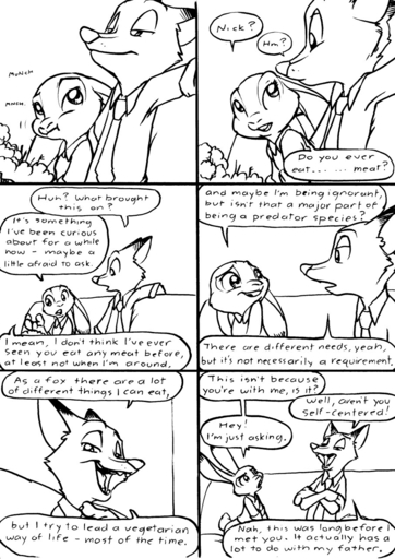 2016 anthro buckteeth canid canine clothed clothing comic dialogue disney ears_down eating english_text eric_schwartz female flower fox half-closed_eyes hi_res judy_hopps lagomorph leporid male mammal monochrome narrowed_eyes necktie nick_wilde open_mouth pivoted_ears plant predatorprey rabbit sitting smile sound_effects speech_bubble teeth text tongue zootopia // 906x1280 // 300.3KB