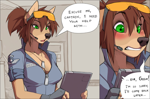 2011 anthro blush breasts brown_hair canid canine canis cleavage clothed clothing comic dialogue digital_media_(artwork) dog_tags english_text eyewear female goggles goggles_on_head green_eyes hair mammal solo surprise text wendy_(wolfy-nail) wolf wolfy-nail // 1100x733 // 216.9KB