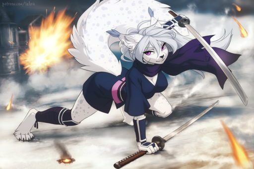 2019 3:2 5_fingers action_pose anthro breasts clothed clothing detailed_background digital_media_(artwork) domestic_cat felid feline felis female fingers fur grey_hair hair holding_object holding_sword holding_weapon iskra lynx mammal melee_weapon pink_eyes pose purple_eyes smile solo sword syber warrior weapon white_body white_fur // 900x600 // 703.3KB