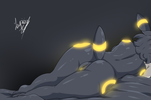 absurd_res anthro bed bed_sheet bedding big_butt butt eeveelution female fur furniture genitals glowing glowing_genitalia glowing_markings gradient_background grey_background grey_body grey_fur hair hi_res jaspixie markings muna_(jaspixie) on_bed pillow pokemon_(species) pussy signature simple_background sleeping solo umbreon video_games yellow_pussy // 5000x3324 // 2.1MB
