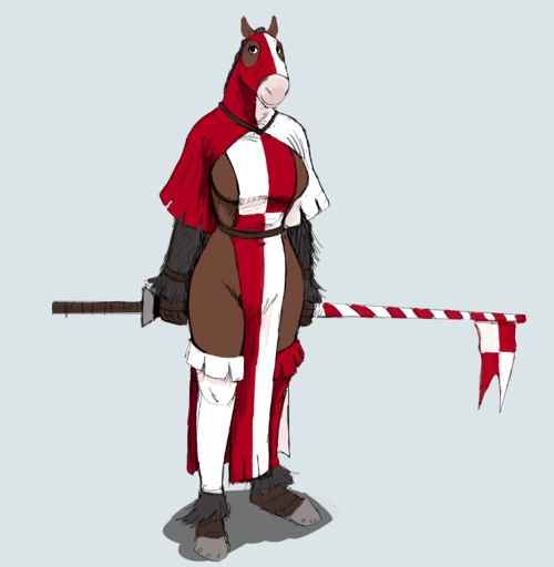 2020 anthro breasts brown_body clothed clothing crotch_lines draft_horse equid equine female grey_background hi_res hladilnik hood horse lance legwear mammal mask medieval melee_weapon no_underwear pelvic_curtain red_clothing side_boob simple_background solo stockings tinker_(hladilnik) weapon white_clothing // 1280x1310 // 397.0KB