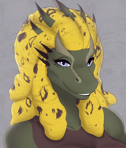 anthro blonde_hair blue_eyes breasts capcom catherinemeow female green_body hair hi_res horn leviathan_(mh) ludroth monster_hunter non-mammal_breasts open_mouth open_smile reptile scalie simple_background smile solo teeth video_games // 1092x1280 // 211.5KB