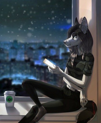 5_fingers anthro biped canid canine detailed_background ear_piercing female fingers grey_nose hauringu hi_res mammal night piercing sitting sky solo star starry_sky // 1055x1280 // 160.9KB