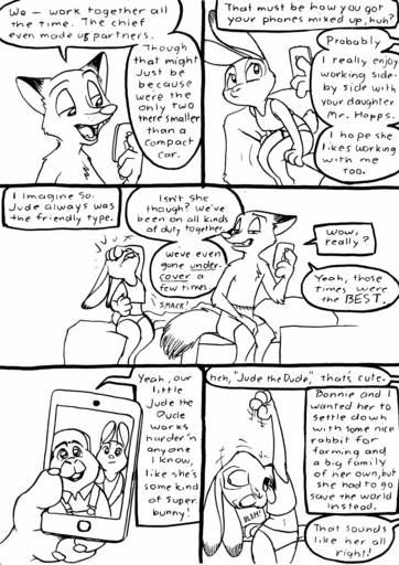 2016 anthro bed black_and_white bonnie_hopps canid canine carrot cellphone chest_tuft clothed clothing comic dialogue disney duo english_text eric_schwartz facepalm female food fox furniture gagging hi_res humor inside judy_hopps lagomorph leporid male mammal monochrome nick_wilde parent phone plant predatorprey rabbit sitting skimpy smile standing stu_hopps text tongue tongue_out topless tuft underwear vegetable zootopia // 906x1280 // 289.5KB