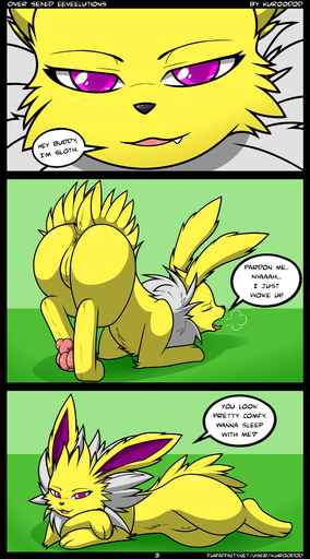 2014 absurd_res anus bent_over black_nose butt comic dialogue eeveelution english_text fan_character female feral fur generation_1_pokemon genitals hi_res jolteon kuroodod looking_at_viewer open_mouth paws pokemon_(species) pussy sloth_(kuroodod) solo stretching text tongue tongue_out video_games yellow_body yellow_fur // 2500x4500 // 1.5MB