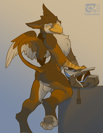 2021 anthro armor avian backsack balls beak brown_body brown_fur butt digitigrade feathered_wings feathers fur genitals gryphon headgear helmet hi_res looking_at_viewer male mythological_avian mythology pawpads paws raised_tail simple_background solo thesecretcave white_body white_fur wings yellow_eyes // 989x1280 // 595.7KB