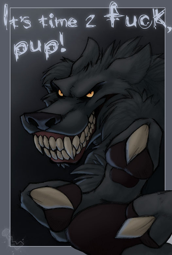 2007 anthro blue_border border canid canine canis claws digital_media_(artwork) english_text evil_grin fangs grin male mammal rape_face reaching reaching_towards_viewer smile solo teeth text wolf wolfy-nail yellow_eyes // 526x780 // 84.3KB