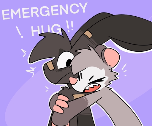 absurd_res anthro band-aid band-aid_on_nose bandage black_body black_fur cheek_tuft chest_tuft dialogue didelphid duo embrace english_text eyes_closed facial_tuft fur grey_body grey_fur hi_res hug hugging_from_behind lagomorph leporid male malemale mammal marsupial nick_(the_xing1) open_mouth pink_body pink_skin purple_background rabbit roy_(the_xing1) sharp_teeth simple_background teeth text the_xing1 tuft wide_eyed // 3000x2487 // 302.4KB