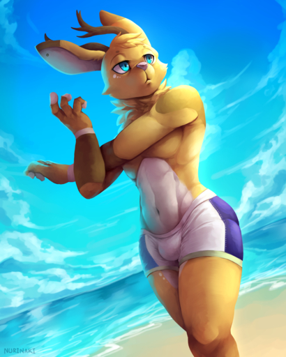 2018 4:5 abs absurd_res anthro antlers artemis_jackalope athletic athletic_anthro athletic_male beach blue_eyes bulge clothed clothing detailed_background dutch_angle hi_res horn jackalope lagomorph looking_aside male mammal neck_tuft nurinaki outside pecs sand sea seaside signature sky solo stretching swimming_trunks swimwear text thick_thighs topless tuft water // 3600x4500 // 7.6MB