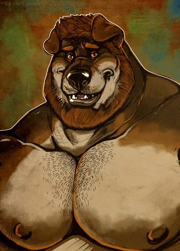 anthro beard black_nose brown_hair canid canine canis clothed clothing domestic_dog dramamine facial_hair hair hi_res male mammal nipples solo topless // 914x1280 // 222.3KB