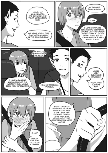 5_fingers blush clothing comic covering covering_mouth damon_(grimart) dialogue driving elf embarrassed english_text fingers grimart humanoid humanoid_pointy_ears leto_(grimart) male monochrome shirt sitting smile text topwear vest wheel // 620x877 // 308.4KB