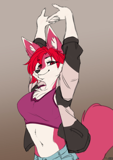 2020 anthro black_nose breasts canid canine clothing countershading female fox foxboy83 hair hi_res jacket looking_at_viewer mammal navel pink_body red_eyes red_hair regys_(carp) simple_background smile solo stretching topwear white_body white_countershading // 1240x1754 // 810.6KB