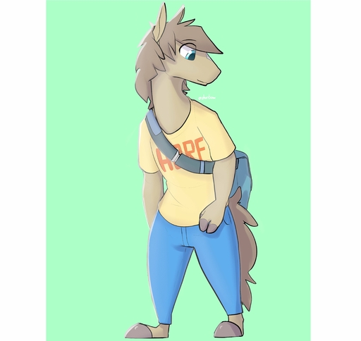 2020 absurd_res anthro bottomwear clothed clothing equid equine fully_clothed green_background hi_res horse male mammal pants pillarbox shirt simple_background solo t-shirt text text_on_clothing text_on_shirt text_on_topwear topwear zhanbow // 4743x4479 // 528.8KB