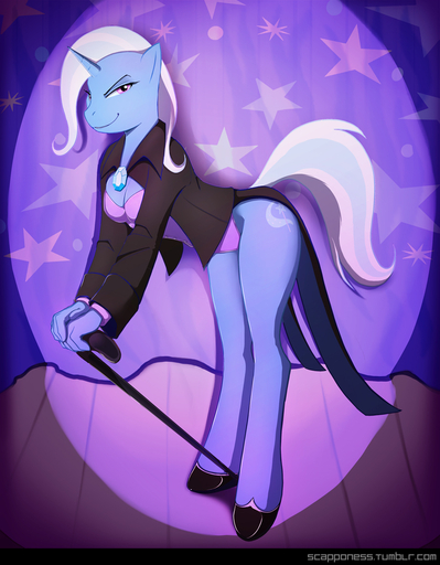 anthro anthrofied black_tie_(suit) breasts cane cleavage clothed clothing conditional_dnp cutie_mark equid equine female friendship_is_magic hasbro horn horse mammal my_little_pony scappo solo suit trixie_(mlp) unicorn // 921x1183 // 530.7KB