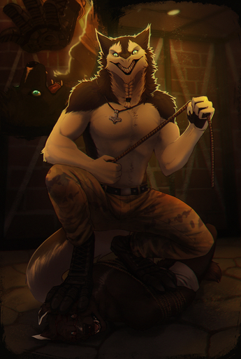4_fingers anthro blood bodily_fluids braided_hair clothed clothing detailed_background duo fingers fur hair hi_res hitmore jewelry looking_at_viewer male necklace open_mouth rope sergal smile teeth tongue topless white_body white_fur // 863x1280 // 1.5MB