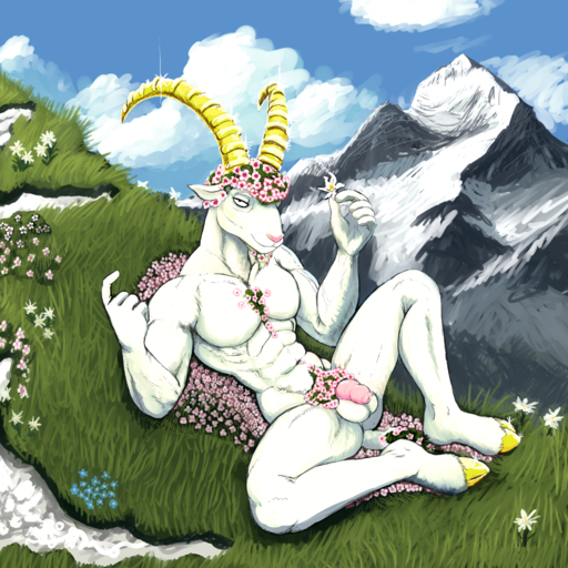 1:1 2019 5_fingers abs accessory alpine_ibex anthro balls biped bovid butt caprine cloud fingers flaccid flower flower_in_hair front_view fur genitals gesture glistening goat grass hair hair_accessory hi_res hladilnik holding_flower holding_object hooves horn humanoid_genitalia humanoid_penis ibex looking_at_viewer male mammal mountain muscular muscular_anthro muscular_male nude outside pecs penis pinup plant pose sky solo three-quarter_view white_body white_fur // 1920x1920 // 3.7MB