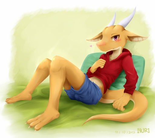 <3 anthro barefoot bed biped blue_clothing blush bottomwear bulge clothed clothing dragon feet furniture hoodie horn lying male naughty_face nurinaki on_back red_clothing red_eyes scalie shorts solo sweatshirt topwear // 1280x1138 // 97.7KB