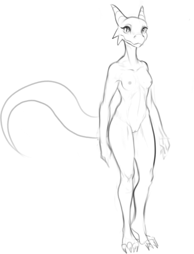2019 anthro black_and_white breasts female full-length_portrait genitals horn kobold looking_at_viewer monochrome nipples non-mammal_breasts non-mammal_nipples nude nude_anthro nude_female portrait pupils pussy scalie sketch slit_pupils solo w4g4 // 664x870 // 96.8KB