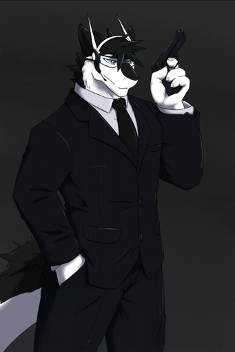 anthro big_muscles biped black_body black_fur black_hair blue_eyes bottomwear claws clothed clothing croiyan discordnight fully_clothed fur grey_background grey_body grey_fur grey_hair gun hair hi_res jacket m9 male microphone muscular muscular_anthro muscular_male necktie pants ranged_weapon sergal shirt simple_background smile solo standing suit topwear weapon white_body white_fur // 853x1280 // 89.3KB