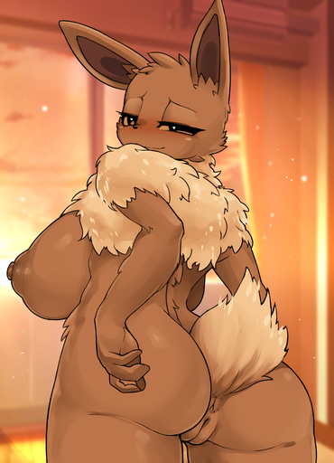 absurd_res anthro anthrofied anus ashraely big_breasts big_butt blush bodily_fluids breasts brown_body brown_fur butt canid canine curvy_figure digital_media_(artwork) eevee female fur genitals hi_res huge_breasts inside looking_at_viewer looking_back mammal nintendo nipples nude pokemon pokemon_(species) pokemorph pussy rear_view scut_tail simple_background smile solo thick_thighs video_games voluptuous wide_hips // 2534x3508 // 3.0MB