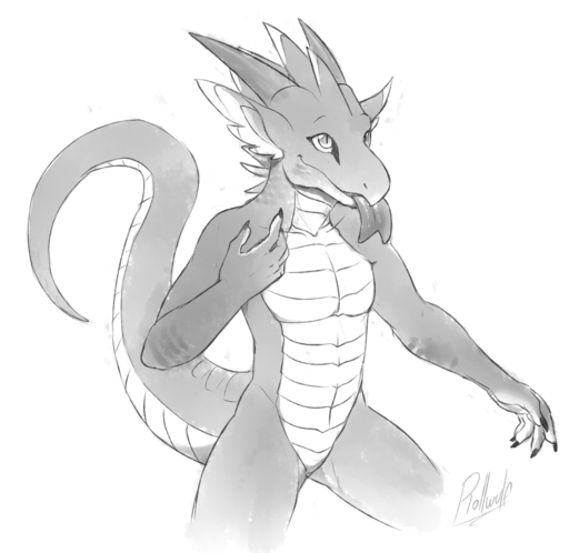 anthro claws dragon featureless_crotch forked_tongue greyscale horn looking_up male monochrome nude pupils rollwulf slit_pupils smile solo tongue tongue_out wingless_dragon // 1000x973 // 203.7KB