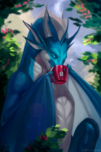 2019 ambiguous_gender belly beverage claws cup detailed_background digital_media_(artwork) dragon drinking eyelashes eyes_closed feral flower hi_res holding_cup holding_object horn ingvas membrane_(anatomy) membranous_wings nude outside plant scalie sitting solo tea text url western_dragon white_belly wings // 853x1280 // 1.0MB