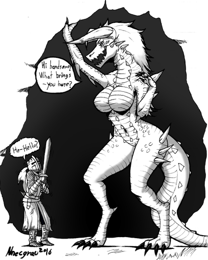 2016 4:5 anthro armor big_breasts breasts claws clothed clothing digitigrade dragon duo english_text female greyscale hair headgear helmet horn human knight larger_female male mammal melee_weapon monochrome nervous nnecgrau nude open_mouth scalie size_difference smaller_male spikes standing sword text traditional_media_(artwork) video_games warrior weapon // 800x1000 // 362.9KB